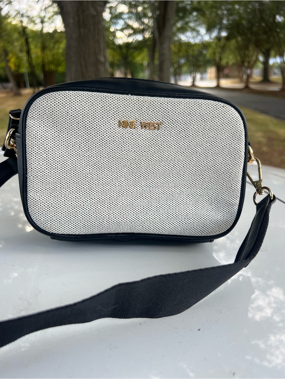 Nine West Black and White Woven-Front Crossbody Bag